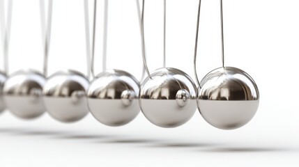 Abstract Newtons Cradle Demonstrates Motion With Silver Balls Swinging in Perpetual Motion on a White Background, Ideal for Educational Use and Designs