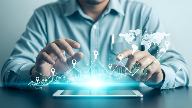 Businessman interacting with digital global network and data visualization on tablet - Powered by Adobe