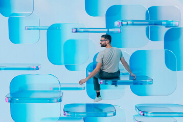 Floating man on 3D platforms in abstract blue scene