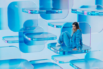 Woman sitting on 3D tiles in floating digital background