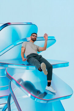 Waving man on 3D shapes in digital floating platform