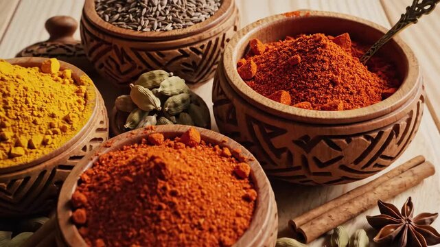 Assorted Spices in Wooden Bowls - This video showcases a variety of spices arranged in intricately carved wooden bowls on a light wooden surface.