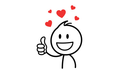 Obraz premium Simple stick figure giving thumbs up surrounded by red hearts.