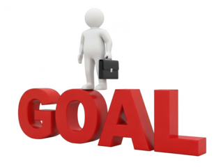 Determined figure standing on large red goal letters isolated on transparent background