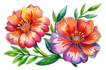 Vibrant watercolor flowers with green leaves on white background