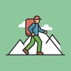 Hiker climbing mountain with backpack and trekking poles in nature