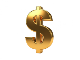 A golden three-dimensional dollar sign against a white background isolated on transparent background