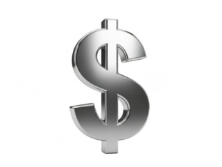 Three-dimensional silver dollar sign on white background isolated on transparent background