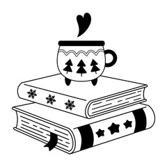 Winter books and holiday mug illustration in black color, Winter bookish doodle, Book lover sticker, Cozy reading, Bookstore vector graphic.