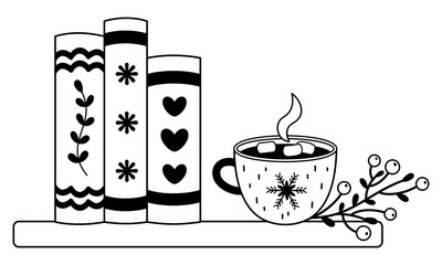 Winter bookshelf and holiday mug illustration in black color, Winter bookish doodle, Book lover sticker, Cozy reading, Bookstore vector graphic.
