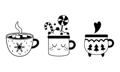 Winter cup clipart in black color, Holiday mug doodle, Hot chocolate, Сoffee, Latte, Cappuccino, Cocoa. Merry Christmas vibes. Festive vector illustration.