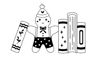 Cartoon winter books and gingerbread man illustration in black color, Christmas bookish doodle, Book lover sticker, Cozy reading vector illustration.