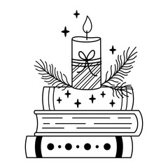 Winter books and holiday candle illustration in black color, Trendy bookish doodle, Book lover sticker, Bookstore vector graphics.