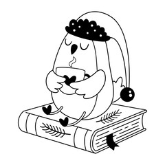 Cute winter owl and books illustration in black color, Trendy bookish doodle, Book lover sticker, Bookstore vector graphics.