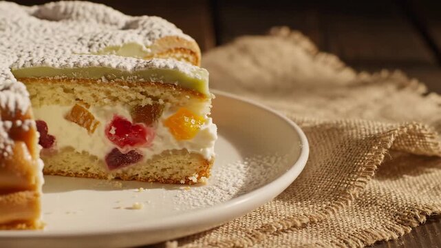 Slice of Italian Cassata Cake - A close-up shot captures a delicious slice of Italian Cassata cake, showcasing its layers of sponge cake, ricotta cream filling studded with candied fruits, a thin