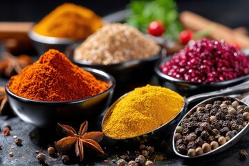 Colorful spices and herbs in bowls and spoons