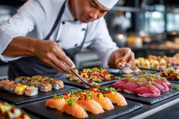 Sushi chef skillfully arranging colorful sushi on a platter in a trendy restaurant kitchen