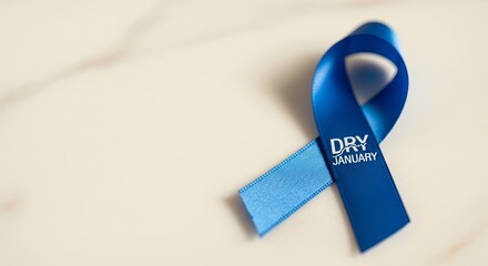 A blue ribbon highlighting Dry January awareness, a sobriety challenge promoting health and wellness concept with copy space