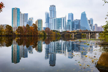 Fototapeta premium Austin Skyline Skyscrapers Reflecting in Colorado River