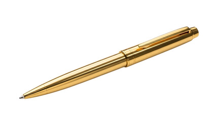 Shiny metallic gold ballpoint pen with elegant clip resting diagonally against a deep black void on transparent background