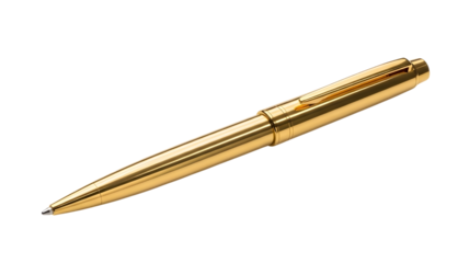 Shiny metallic gold ballpoint pen with elegant clip resting diagonally against a deep black void on transparent background