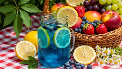 Refreshing blue drink with sliced lemons and a basket of fresh fruits on a picnic blanket in the sun