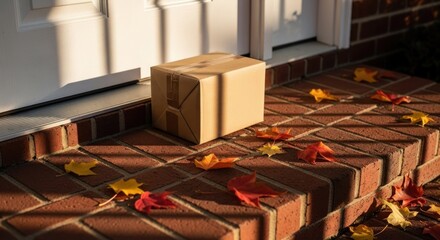 Box at a door surrounded by autumn leaves on brick steps with sunlight