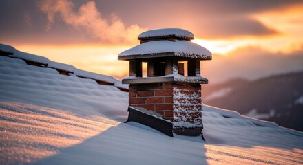 Brick chimney on snowy roof at sunset, smoking softly