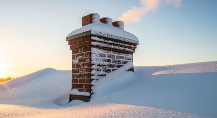 Brick chimney on snowy roof emitting smoke against a bright sky