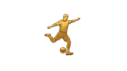 Golden silhouette icon depicting a powerful soccer player intensely striking the ball during a match on transparent background