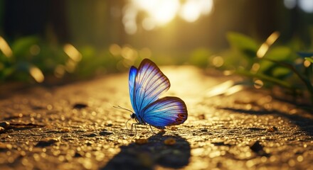 Butterfly with open wings on path; blurred forest back lit by sunset