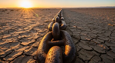 Chain stretches across a cracked desert floor towards the setting sun