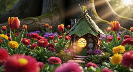 Charming fairy house nestled in a vibrant garden with flowers and tree roots