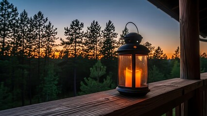 Lantern on Wooden Deck at Sunset