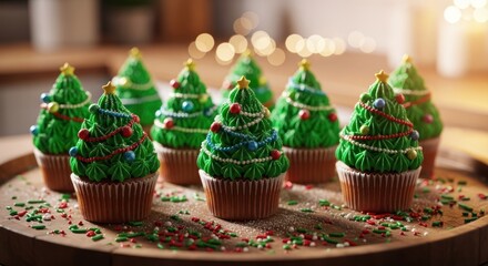 Christmas tree cupcakes decorated with colorful beads on a wooden tray