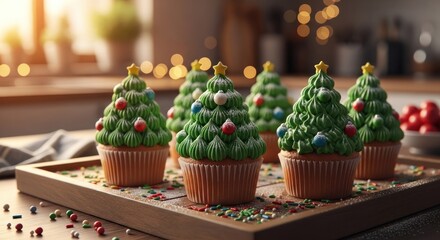 Christmas tree cupcakes on wooden tray with bokeh background
