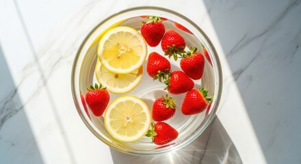 Clear bowl with strawberries and lemon slices in water, on a marble surface