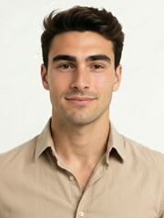 Obraz premium Full length studio shot of cheerful middle aged man in beige shirt with copy space
