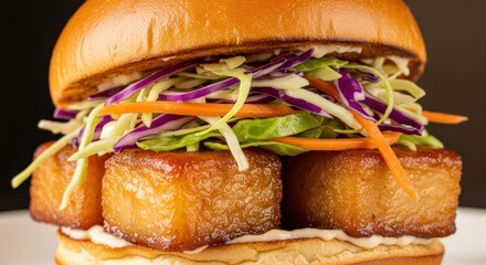 Close-up of a sandwich with fried tofu, slaw, and a toasted bun