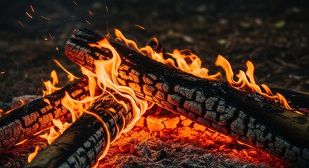 Close-up of burning logs, flames licking upwards, embers glowing warmly