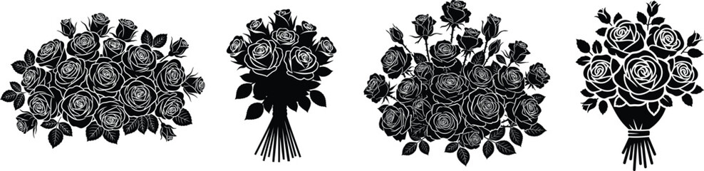 Set of decorative rose with leaves. Plenty of roses Flower silhoutte. Vector illustration