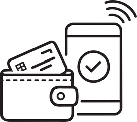 Black and white vector icon of a wallet with a credit card and a smartphone showing a checkmark