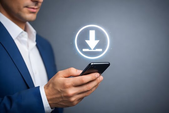 Businessman using smartphone to downloading data or documents files. cloud storage technology, backup cyber security system. - Powered by Adobe