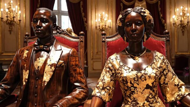 Ornate Wood Carved Couple Statues - This video showcases two wooden statues of a sophisticated couple, adorned with gold leaf details and seated in ornate chairs against a backdrop of chandeliers and