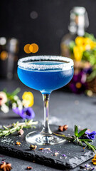 Colorful drink in a glass sits on a dark table surrounded by flowers and bottles, showing a lively moment at a gathering