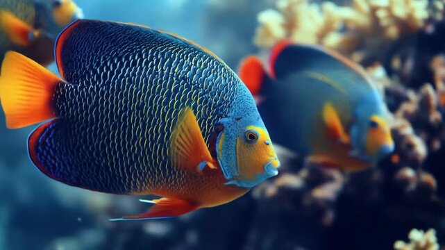 Vibrant tropical angelfish swimming gracefully in a colorful coral reef, showcasing beautiful scales and orange fins underwater.
