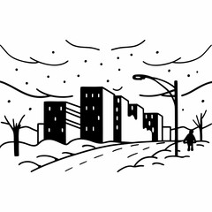 Urban winter landscape with buildings and street lamp under snowfall  