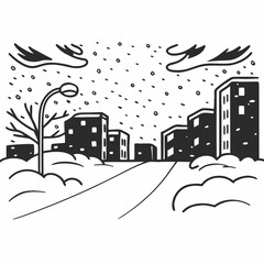 Winter cityscape with snow-covered buildings and streetlight  