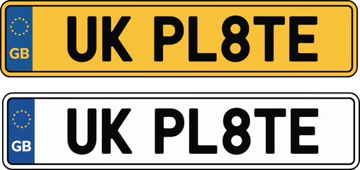UK vehicle number plate illustration showing yellow and white British license plates with GB symbol, realistic car registration design for transport, automotive graphics, and identification concepts