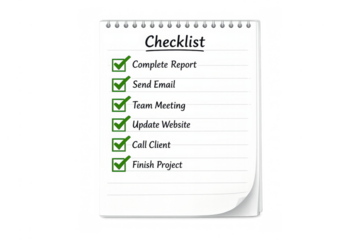 Business checklist on spiral notebook completing tasks